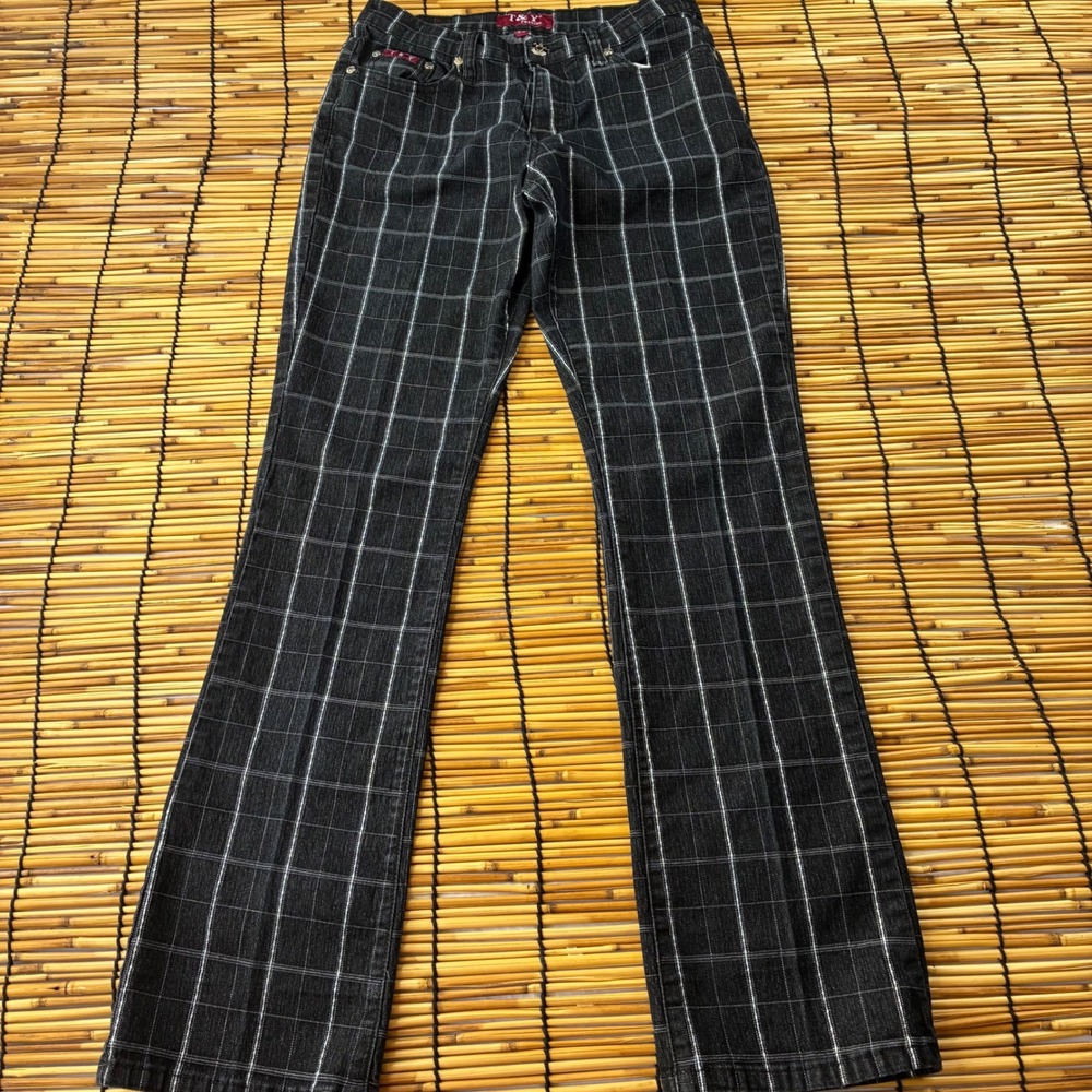T&Y Fashion Black Plaid Windowpane Flare Denim Pants Womens Size 9/10 Stretch